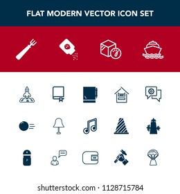 Modern, simple vector icon set with encyclopedia, light, box, mobile, sport, sound, cart, communication, bowling, rocket, education, ocean, supermarket, spoon, dinner, shuttle, chat, pin, music icons