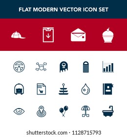 Modern, simple vector icon set with hotel, headwear, dinner, plate, dessert, cake, boy, grater, communication, market, man, travel, pie, sign, supermarket, alien, tool, notebook, mail, cap, list icons