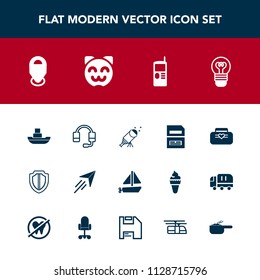 Modern, simple vector icon set with technology, transportation, lamp, map, electricity, lightbulb, vintage, ocean, document, plane, file, data, shield, phone, flight, astronomy, paper, bag, ship icons