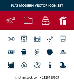 Modern, simple vector icon set with travel, holiday, white, graph, chart, palm, musical, position, map, view, home, destination, food, gym, bus, speed, point, road, pot, music, report, vision icons