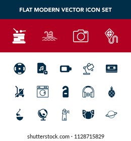 Modern, simple vector icon set with add, audio, tape, lamp, motel, washer, cassette, fun, equipment, musical, label, scale, casino, instrument, privacy, lens, shipping, shopping, retro, photo icons