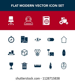 Modern, simple vector icon set with spacesuit, luggage, house, off, success, estate, energy, agriculture, home, box, packaging, prize, agricultural, hammer, repair, chair, passport, tourism, bag icons