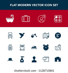 Modern, simple vector icon set with gas, menu, bathroom, bag, comfortable, upload, origami, shovel, owl, vessel, luggage, financial, oven, money, sign, animal, room, ship, boat, app, bucket, sea icons