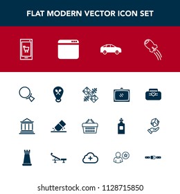 Modern, simple vector icon set with home, craft, banking, find, direction, market, left, erase, business, phone, global, bag, room, bus, eraser, television, basket, money, tv, satellite, online icons