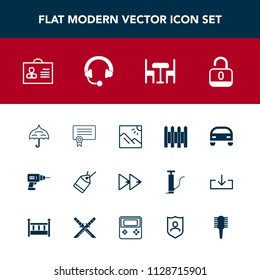 Modern, simple vector icon set with photography, furniture, unlock, certificate, hand, internet, scenery, rewind, player, sale, umbrella, female, protection, fence, barrier, landscape, travel icons