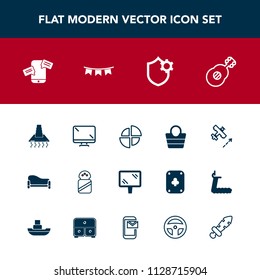 Modern, simple vector icon set with banner, flight, security, food, screen, fashion, street, hood, business, chat, cooking, leather, couch, bag, sign, room, ingredient, road, travel, spice, pie icons