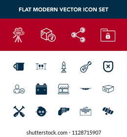 Modern, simple vector icon set with orbit, station, full, tripod, shop, closed, share, laptop, glass, battery, transparent, spaceship, online, box, protection, internet, video, weight, craft icons