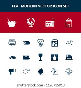 Modern, simple vector icon set with global, vision, radio, award, sale, switch, element, fish, white, house, globe, turn, media, map, sea, energy, glass, planet, win, glasses, world, reward, add icons