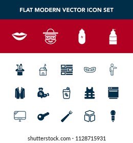 Modern, simple vector icon set with news, sweet, house, newspaper, female, voice, happy, business, music, pointing, home, magic, paint, spray, lips, suit, drink, people, summer, cartoon, beauty icons