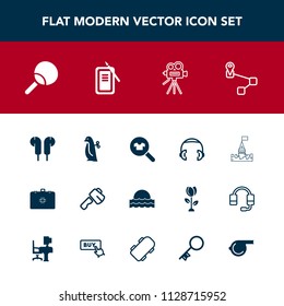 Modern, simple vector icon set with audio, medieval, map, castle, fashion, penguin, children, sunset, location, music, camera, sound, movie, video, animal, health, emergency, clothing, toy, tool icons