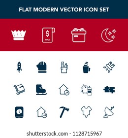 Modern, simple vector icon set with equipment, office, warm, screen, crown, baggage, star, video, airport, ice, skating, cold, cup, royal, house, movie, hot, travel, luggage, scarf, sport, queen icons