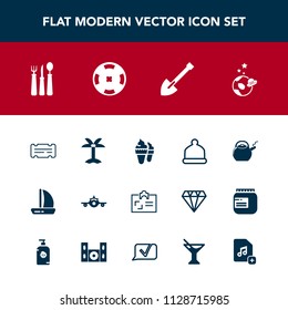 Modern, simple vector icon set with spoon, shovel, ice, palm, cream, fork, space, construction, business, ship, knife, restaurant, equipment, cap, exploration, food, tropical, airplane, plane icons