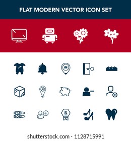 Modern, simple vector icon set with call, investment, blossom, kid, bell, flower, nature, child, exit, digital, box, baby, display, package, job, floral, sakura, clothing, door, spring, pin, map icons