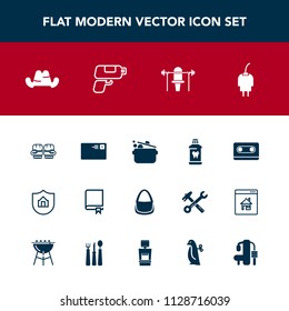 Modern, simple vector icon set with protection, communication, property, power, bag, technology, library, book, letter, internet, retro, brush, food, audio, fashion, clothing, boxing, tape, mail icons