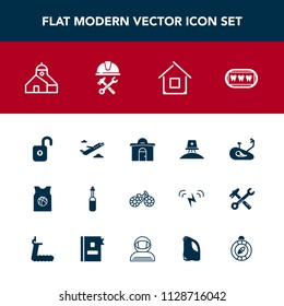 Modern, simple vector icon set with equipment, white, spaceship, home, business, south, protection, healthy, architecture, plane, sport, space, laboratory, estate, helmet, security, medicine icons