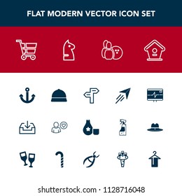 Modern, simple vector icon set with sport, retail, horse, food, cart, hat, cuisine, business, shop, arrow, anchor, online, travel, profile, chessboard, web, flight, wooden, way, bowling, pulse icons