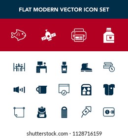 Modern, simple vector icon set with planet, coin, desk, style, footwear, equipment, bank, wallet, speaker, office, work, scan, fashion, cash, printer, transparent, food, container, volume, glass icons