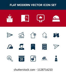 Modern, simple vector icon set with white, interior, favorite, caravan, home, trailer, plastic, new, beauty, housework, house, man, apartment, butterfly, male, dessert, sand, bed, double, sweet icons