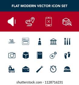 Modern, simple vector icon set with cord, fork, music, summer, up, pool, finance, cake, lens, statistic, trend, square, audio, technology, doughnut, greece, sweet, cancel, photo, blue, sound icons