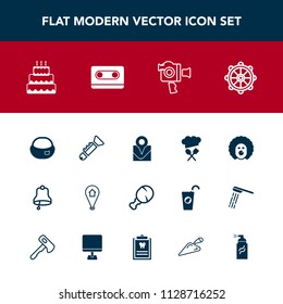 Modern, simple vector icon set with object, pie, travel, restaurant, alarm, rudder, rucksack, backpack, nautical, clown, musical, helm, meal, pin, retro, food, circus, jazz, ship, music, cake icons