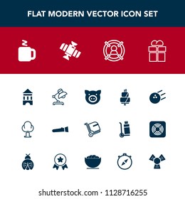 Modern, simple vector icon set with bag, target, forest, giftbox, baggage, environment, travel, lamp, animal, light, home, gift, cake, dessert, night, piglet, tower, pig, interior, pie, sport icons