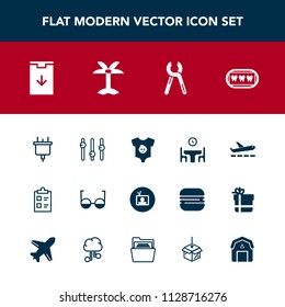 Modern, simple vector icon set with airport, eyeglasses, download, dentist, home, tv, technology, airplane, food, family, tool, service, child, baby, nature, dinner, travel, electric, checklist icons