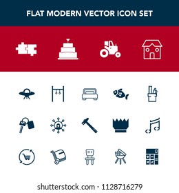 Modern, simple vector icon set with communication, vehicle, space, work, furniture, sea, automobile, hammer, dessert, field, bed, wrench, key, equipment, agricultural, tool, bedroom, alien, auto icons