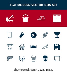 Modern, simple vector icon set with notebook, blossom, double, paint, satellite, home, glass, mail, beautiful, fashion, technology, house, car, entrance, space, video, letter, building, truck icons