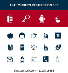 Modern, simple vector icon set with worker, technology, fresh, camera, kitchen, hair, freezer, spoon, fruit, fridge, belt, healthy, electric, scale, refrigerator, hydrant, shopping, jacket, food icons
