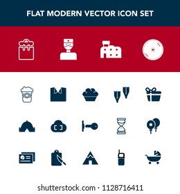Modern, simple vector icon set with mug, travel, cloud, shirt, people, key, new, house, sea, person, outdoor, adventure, celebration, dvd, summer, professional, flipper, box, white, disk, drink icons