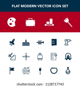Modern, simple vector icon set with business, sound, medicine, book, architecture, finance, style, kitchen, hand, food, cooking, up, church, dessert, music, religious, investment, equipment, bag icons