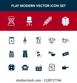 Modern, simple vector icon set with kitchen, party, spoon, fan, web, barbecue, timer, hour, food, fork, female, kebab, birthday, trumpet, electric, time, jazz, musical, currency, download, white icons