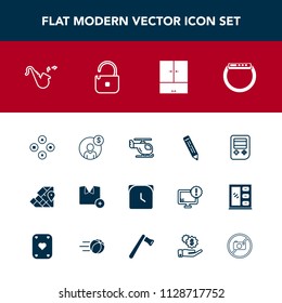 Modern, simple vector icon set with security, protection, sign, watch, fun, account, travel, smart, gadget, forbidden, atlas, play, minute, time, geography, pen, map, arrow, helicopter, computer icons