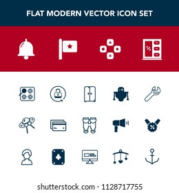 Modern, simple vector icon set with oven, fun, debit, space, security, game, travel, furniture, call, technology, flag, ufo, tool, stove, robot, futuristic, computer, cupboard, lock, equipment icons