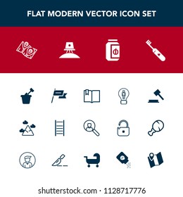 Modern, simple vector icon set with judge, book, computer, hygiene, landscape, creative, blue, jam, patriotism, glass, concept, food, account, child, country, mountain, pin, location, sky, open icons