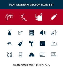 Modern, simple vector icon set with fashion, trailer, businessman, architecture, audio, medical, profile, alcohol, key, house, drink, volume, sign, up, meeting, business, work, people, estate icons