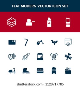 Modern, simple vector icon set with hammer, stationary, loud, spanner, play, wrench, fashion, page, science, data, market, rocket, beauty, horse, bottle, speaker, communication, bucket, shovel icons