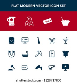 Modern, simple vector icon set with summer, game, water, cooking, airplane, poker, web, science, plane, field, pole, electric, glass, bathroom, kitchen, food, magnetic, industry, toothbrush, oar icons