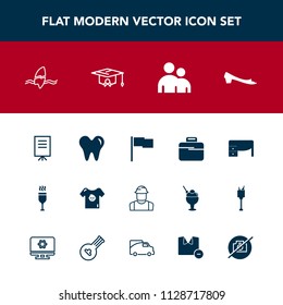 Modern, simple vector icon set with engineer, person, footwear, college, health, clothes, wine, education, surf, tropical, healthy, human, business, work, ocean, baby, graduation, office, child icons