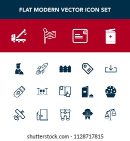 Modern, simple vector icon set with weight, nation, tag, sign, spaceship, space, sound, scale, music, flag, restaurant, sale, open, rocket, tow, dollar, drum, car, wallet, fence, vehicle, food icons