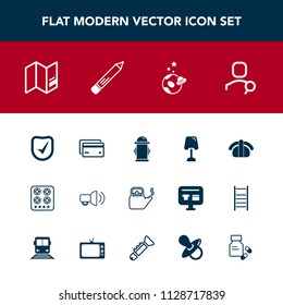 Modern, simple vector icon set with check, plastic, web, seafood, megaphone, communication, map, water, cook, home, search, table, kettle, steam, internet, oven, astronaut, fish, interior, space icons