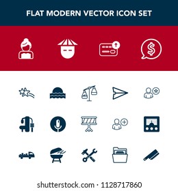 Modern, simple vector icon set with finance, online, falling, measurement, microphone, fitness, wedding, star, nature, sunrise, profile, sunset, drum, groom, gym, tag, light, exercise, cash, sun icons