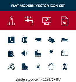 Modern, simple vector icon set with palette, market, music, notebook, coffee, book, sport, up, audio, kitchen, art, couch, fork, tag, shopping, cafe, rocket, shuttle, cappuccino, leisure, price icons