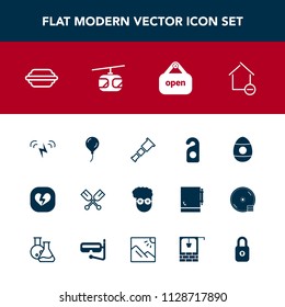 Modern, simple vector icon set with celebration, telescope, sky, birthday, house, open, night, holiday, apartment, hamburger, shop, astronomy, sign, love, property, style, space, hipster, spring icons