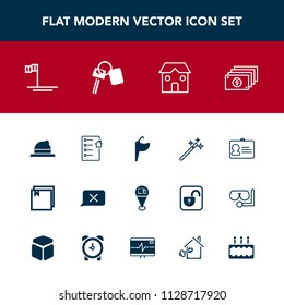 Modern, simple vector icon set with web, vehicle, building, file, sign, business, beach, location, hat, headwear, ocean, house, key, blue, currency, clothing, identity, sink, wand, fashion, real icons