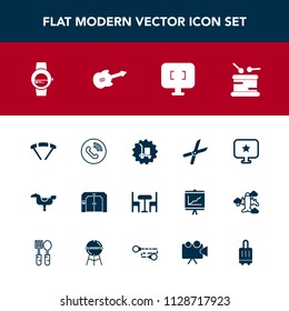 Modern, simple vector icon set with airport, cargo, parachuting, luggage, travel, parachute, phone, gardening, call, drum, time, package, gadget, ring, technology, smart, garden, play, delivery icons