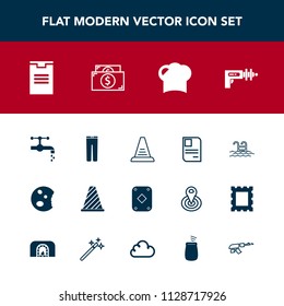 Modern, simple vector icon set with road, technology, swimming, water, trousers, sign, up, box, street, dessert, hat, poker, faucet, game, step, shipping, fashion, weapon, concept, package, sink icons