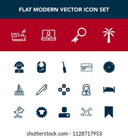 Modern, simple vector icon set with infant, toy, music, education, audio, geisha, disk, hand, write, play, cd, computer, train, game, pen, disc, brush, transportation, tooth, railway, travel,  icons