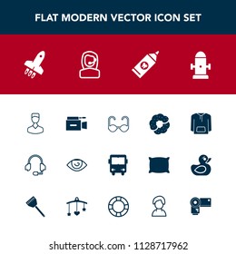 Modern, simple vector icon set with television, dessert, glasses, avatar, camera, bus, food, launch, rocket, fashion, photography, support, cake, technology, office, center, photo, fire, human icons