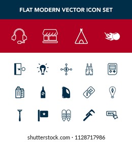 Modern, simple vector icon set with work, call, button, support, light, white, uniform, real, building, space, travel, technology, door, liquid, microphone, shop, can, beverage, estate, finance icons